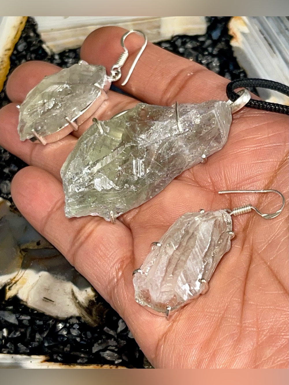Chunky Raw Green Prasiolite Quartz Pendant & Earrings